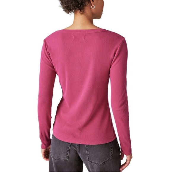 Lucky Brand XL Anemone Deep Pink Long Sleeve Ribbed Knit Snap Cotton Henley - Picture 2 of 16